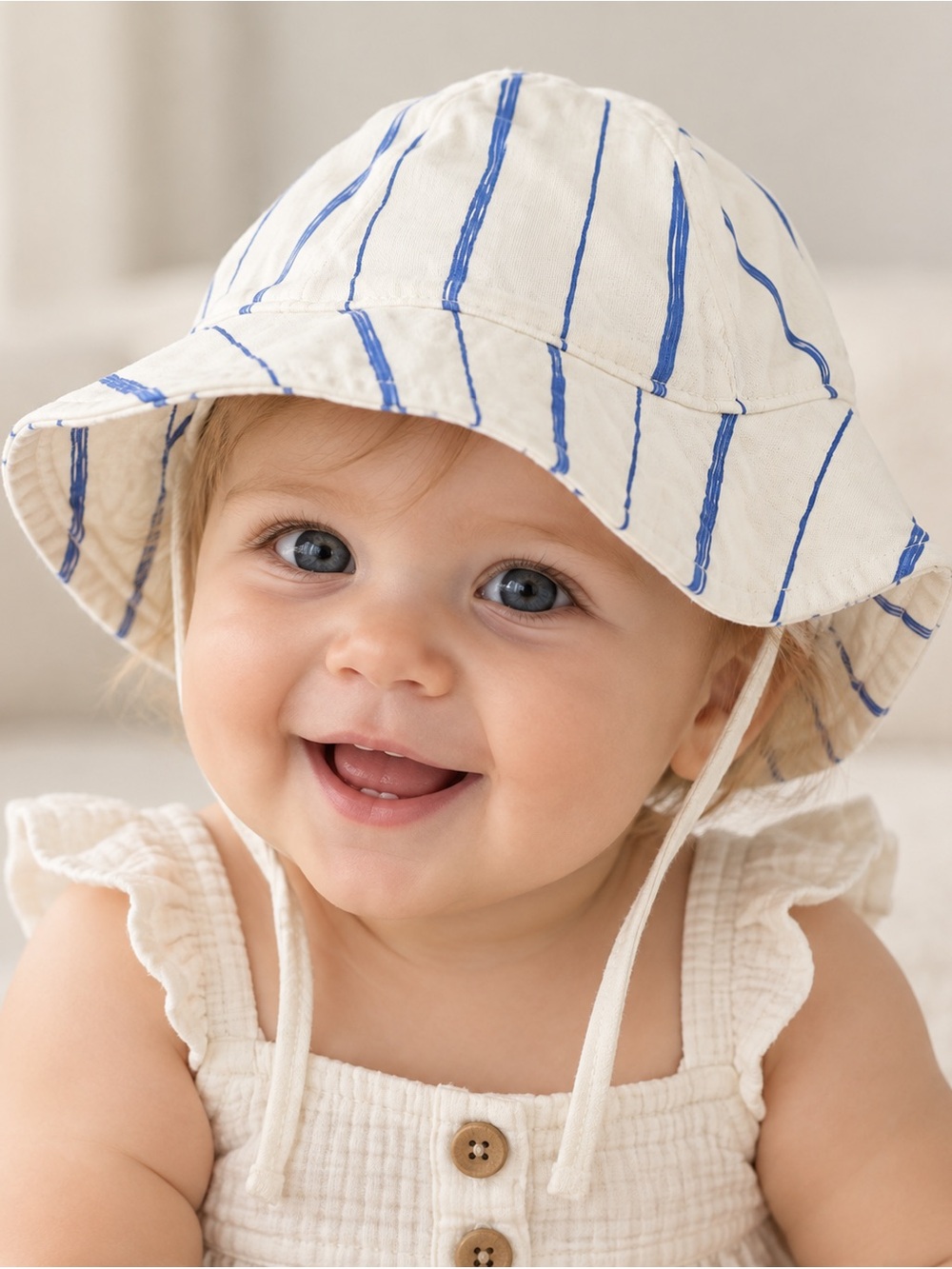 Baby Soft Cotton Striped Sun Hat White Blue Tie Strap